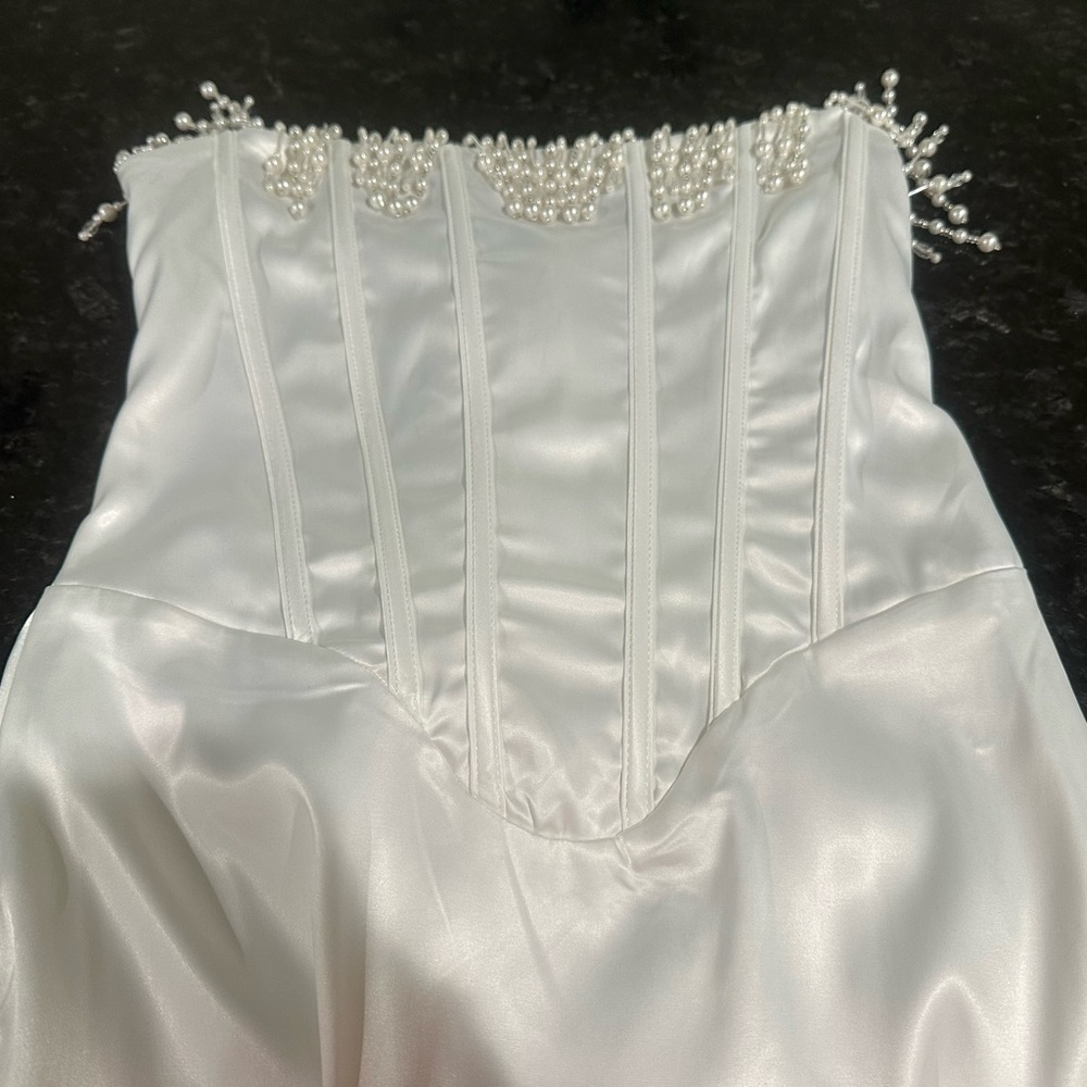 Pearl embellished strapless corset white midi dress side zip back tie sz s - Picture 10 of 10